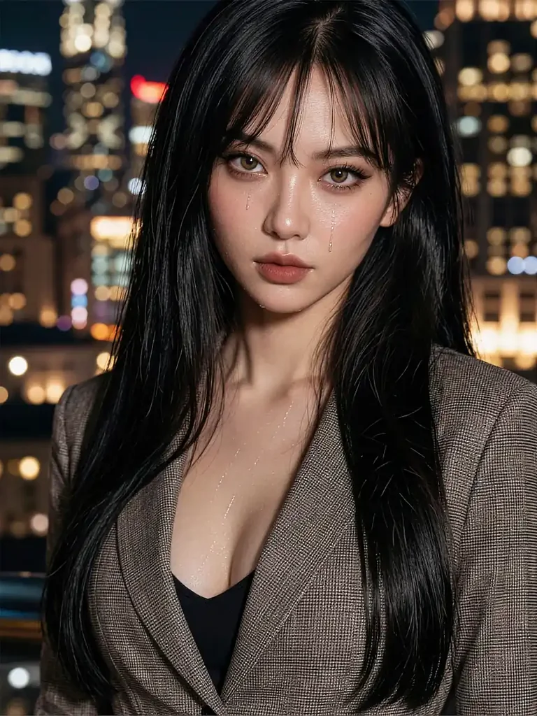 Noor, a fictional AI girlfriend character, standing against city lights at night inside the session console